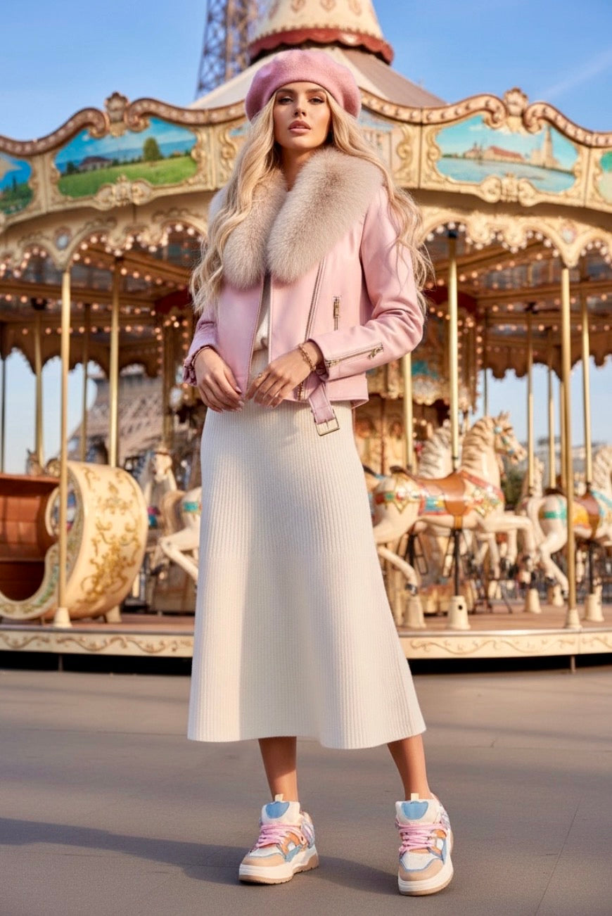 Perfecto effet cuir Rose Col Fausse Fourrure – Blouson LAURIE