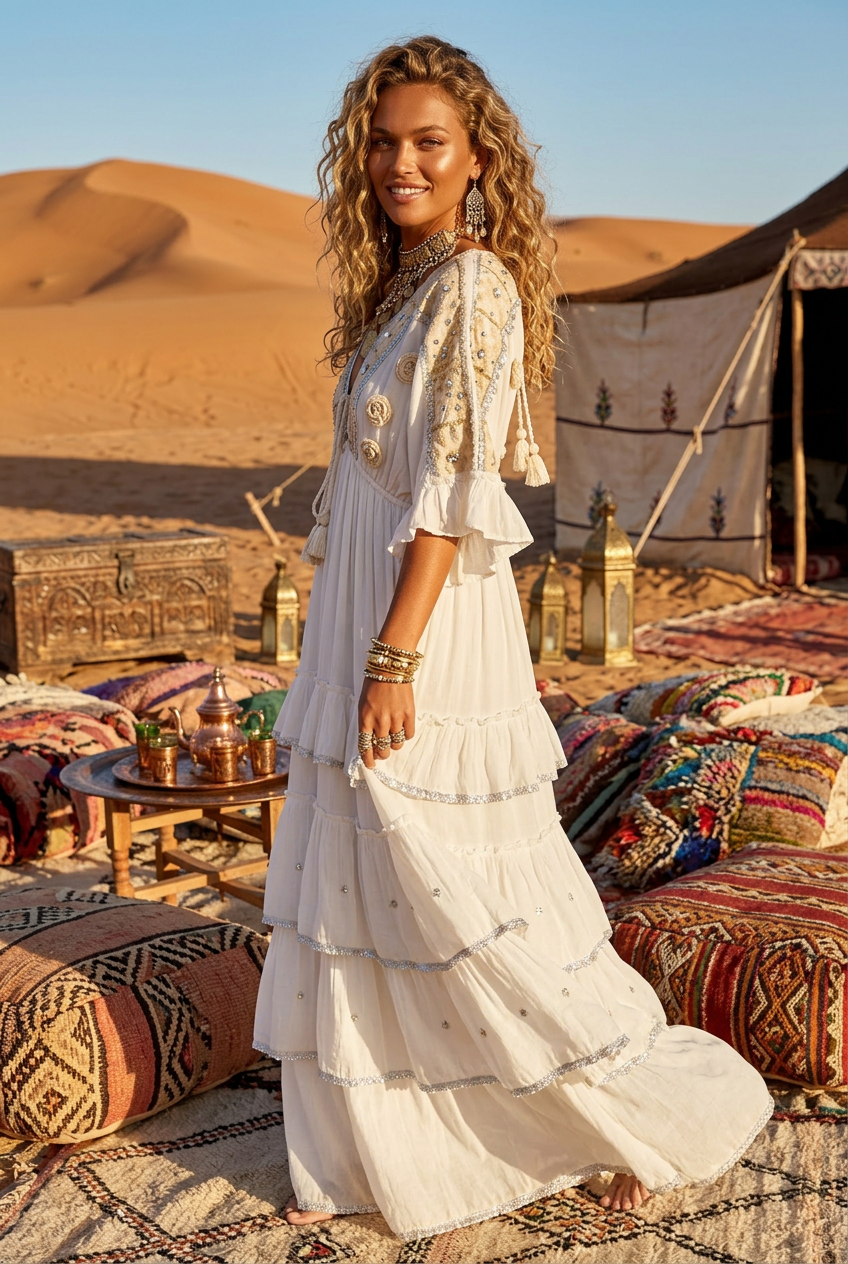 Robe Longue Bohème Gypsy Tzigane à Volants | Broderies & Paillettes✨