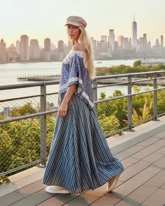 Jupe Perry 🇺🇸 Viscose Rayée Bleu Denim