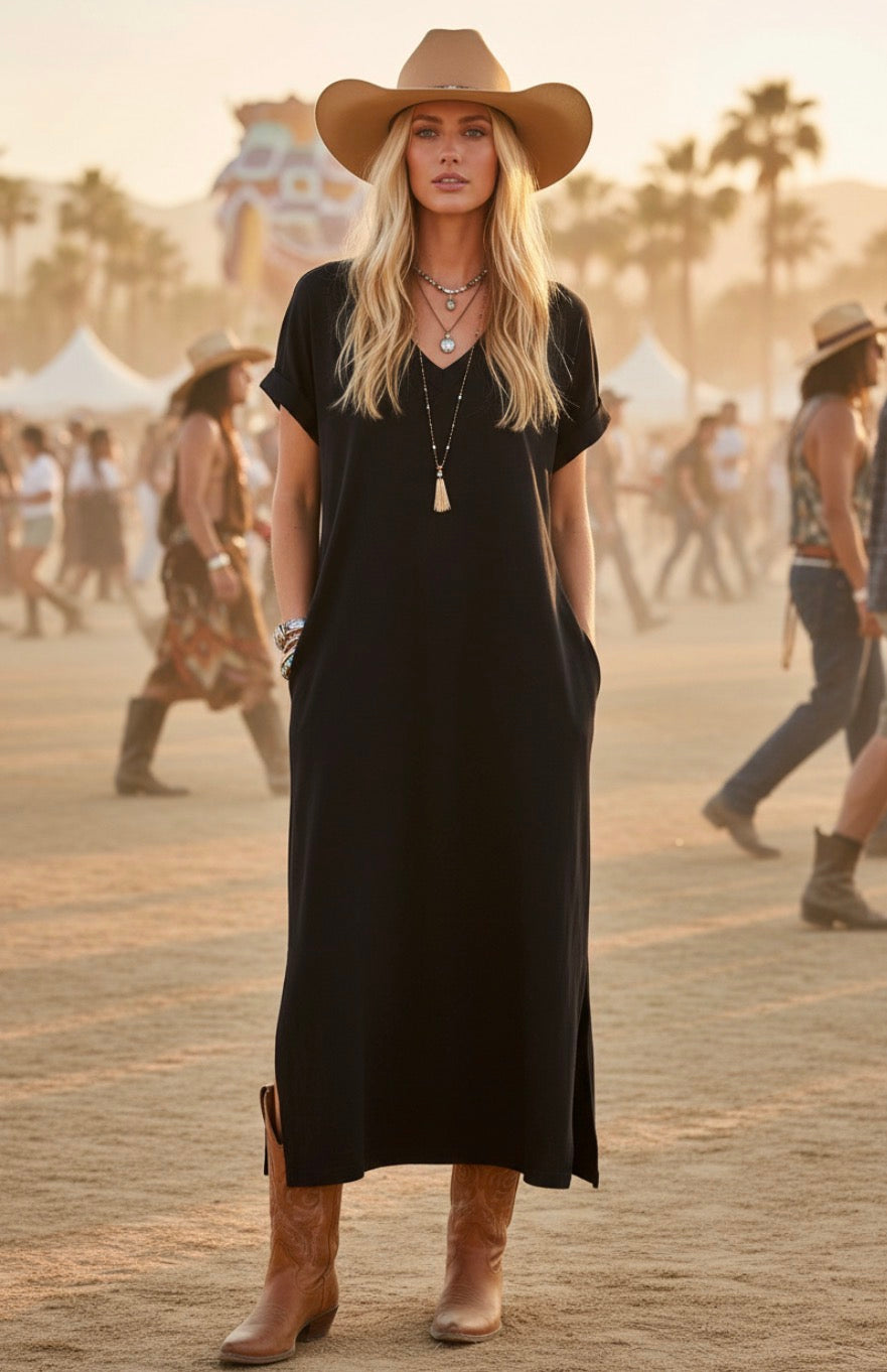 Robe Longue Noire HACIENDA – Robe Tee-Shirt Coton Femme 🩷🌵