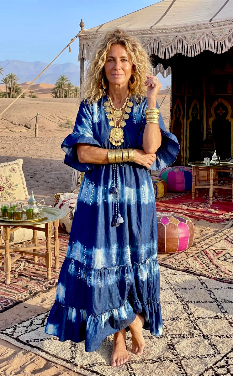 Robe Bohème Gypsy ANNA – Jean Tie & Dye Paillettes | Taille Unique