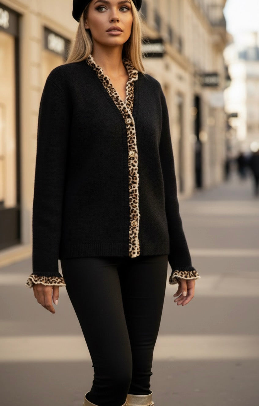 Gilet Léopard Femme – Maille Noire & Satiné léopard ASTRIDE