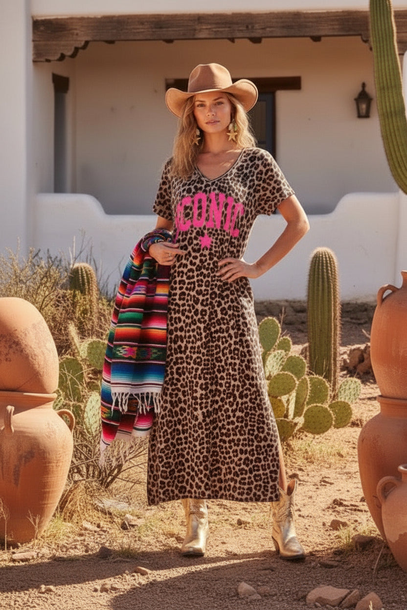 Robe Longue Léopard ICONIC 🩷🌵 – Maxi Dress Coton Boho Western