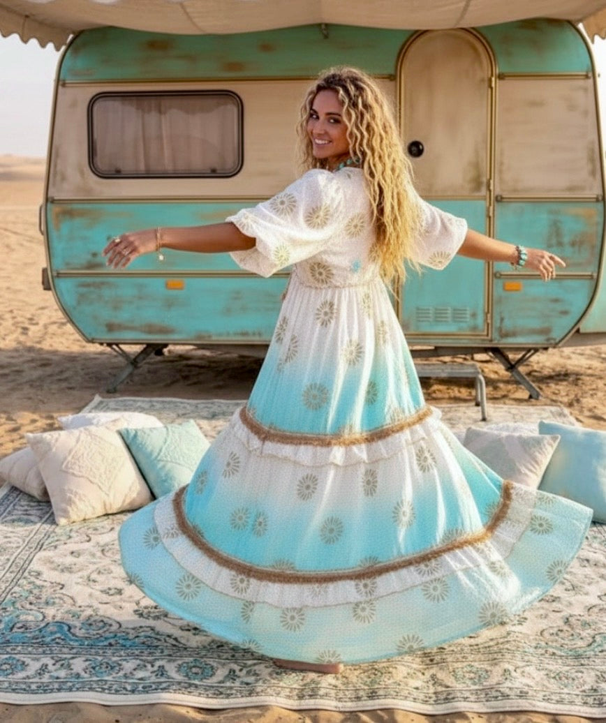 Robe Longue CARMEN | Bohème COACHELLA Tie & Dye - Perles & Sequins✨🌙