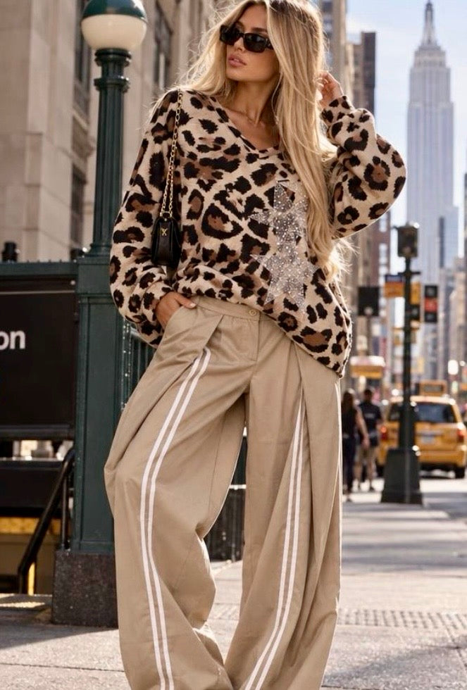 Pantalon large femme PARKER beige à bandes – Coupe bubble
