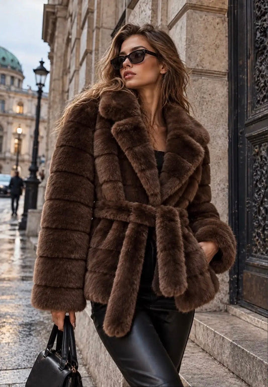 Manteau court en fausse fourrure chocolat ceinturé ELANA