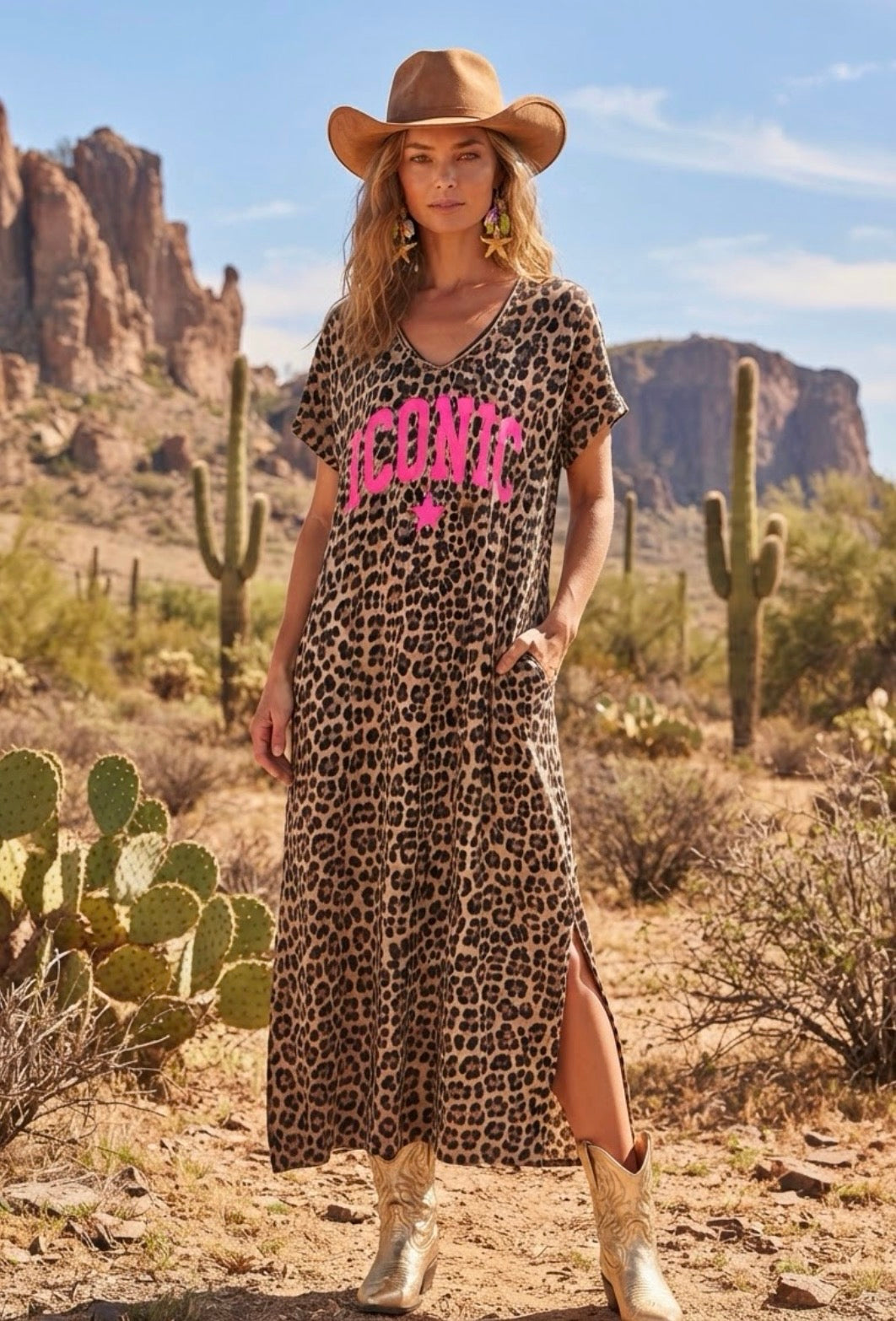 Robe Longue Léopard ICONIC 🩷🌵 – Maxi Dress Coton Boho Western