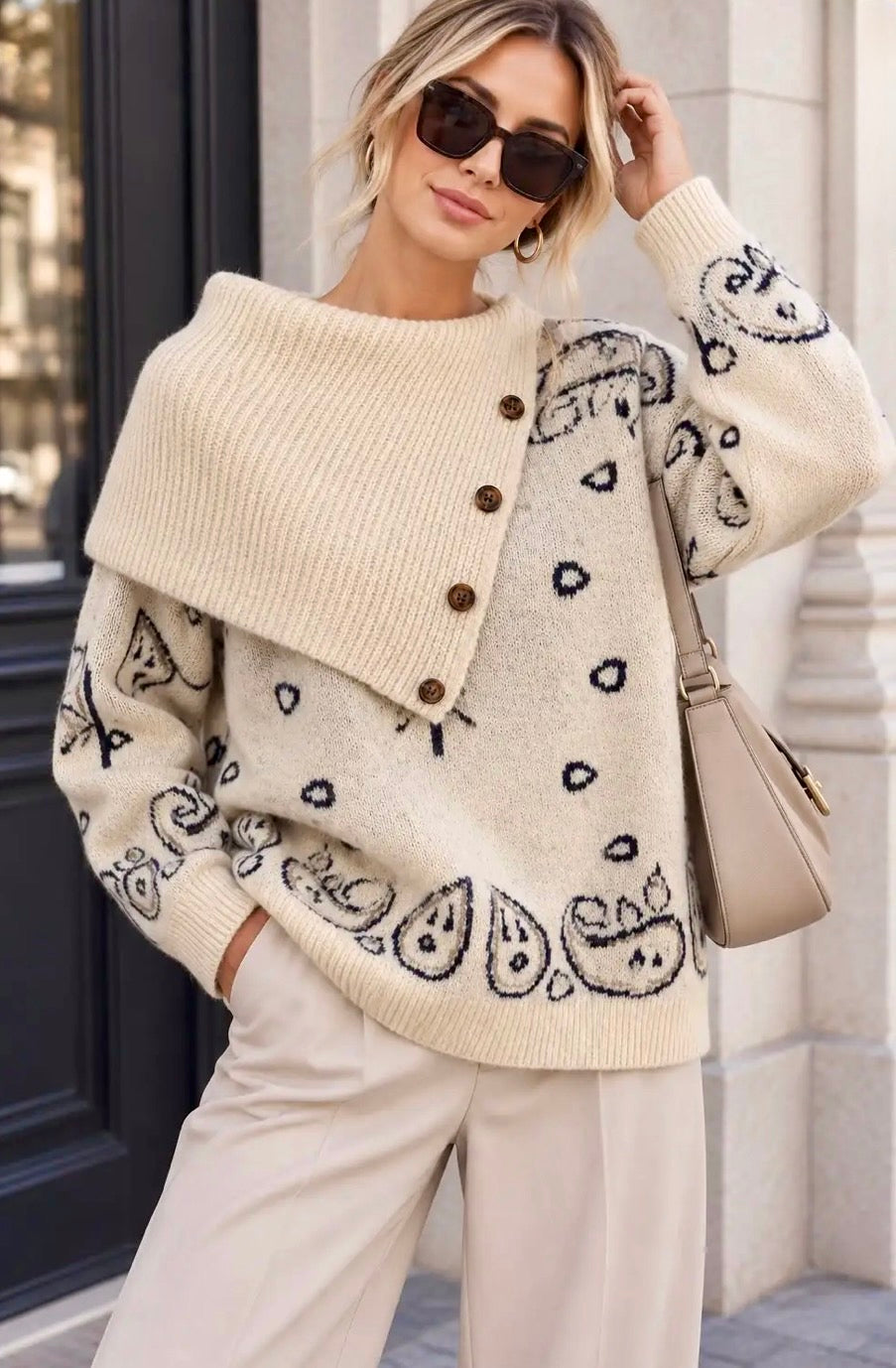 Pull bandana  crème maxi col asymétrique JENNIFER