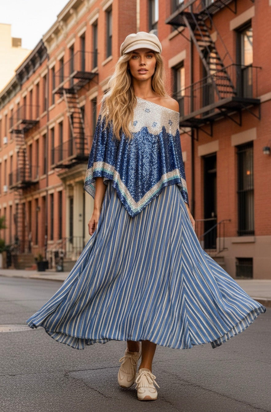 Jupe Perry 🇺🇸 Viscose Rayée Bleu Denim