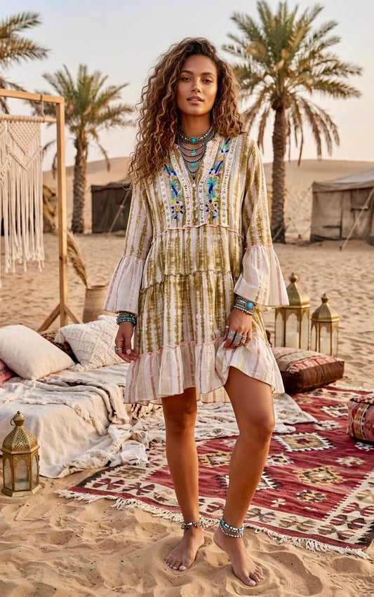 Robe Gypsy Bohème AURORE ✨ Coton Tie & Dye Broderies Artisanales