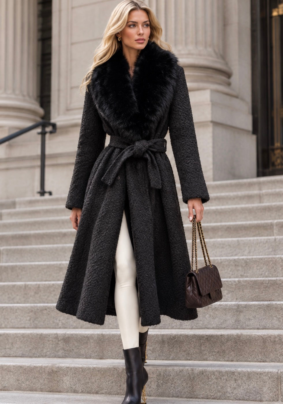 Manteau long  ceinturé col fourrure ARIANA