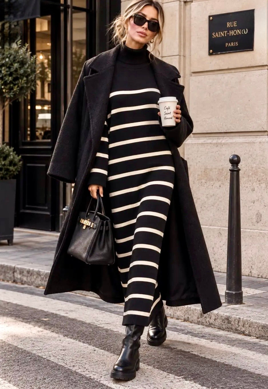 Robe longue marinière en maille noire col roulé CELINE