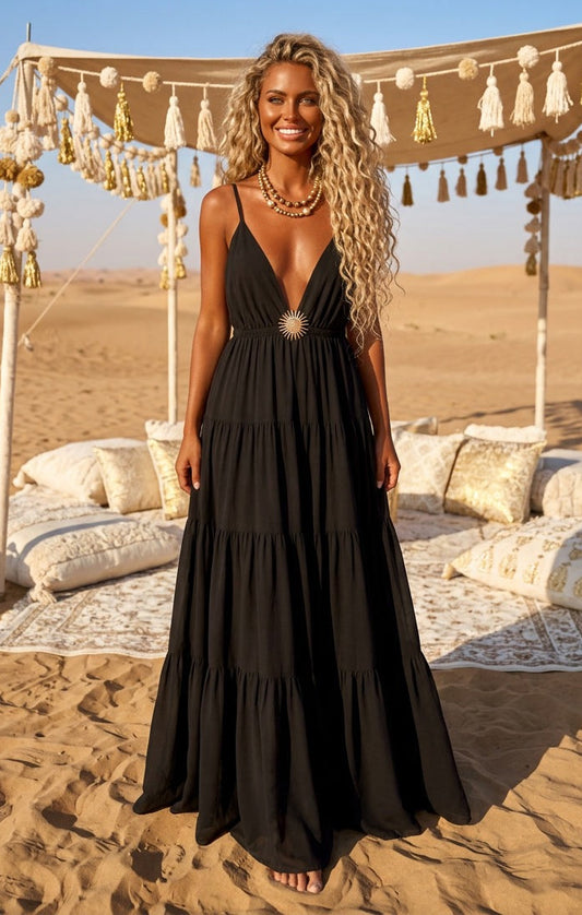 Robe Longue Bohème SOLEIL Noire –Broche Dorée | Resort Été Femme🌞