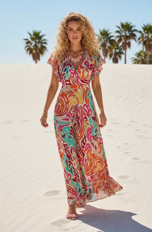 Robe Longue Bohème Léonard — Imprimé Coloré, Fluide & Élégante