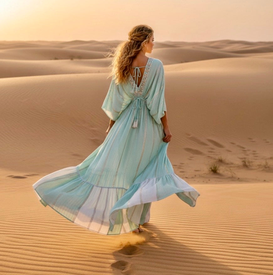 Robe Longue Bohème IMANE | manches Papillon Brodé Perles & Strass 🦋