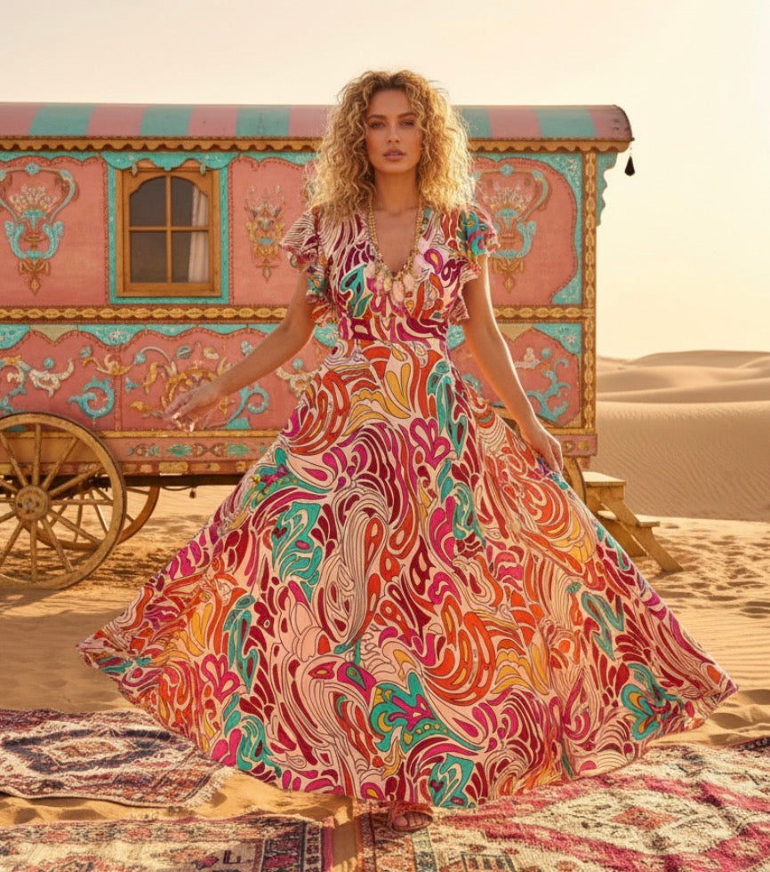 Robe Longue Bohème Léonard — Imprimé Coloré, Fluide & Élégante