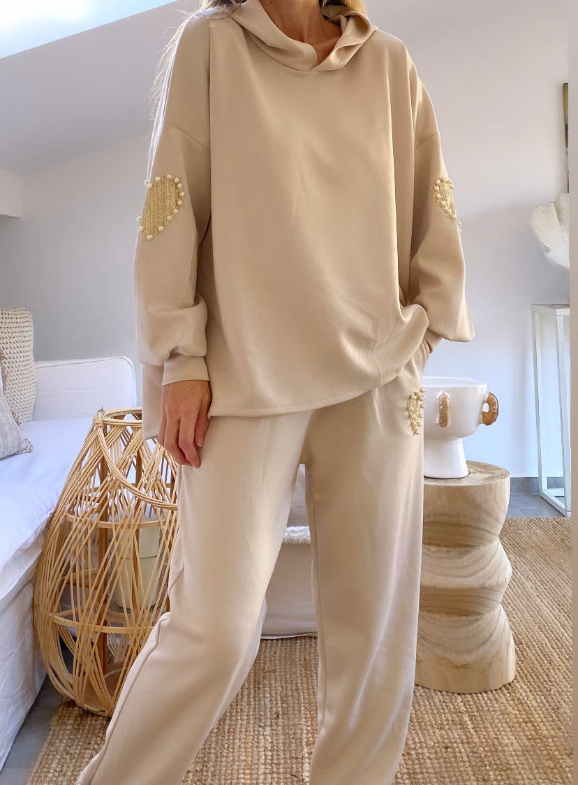 Pull sweat viscose PERLE beige à capuche