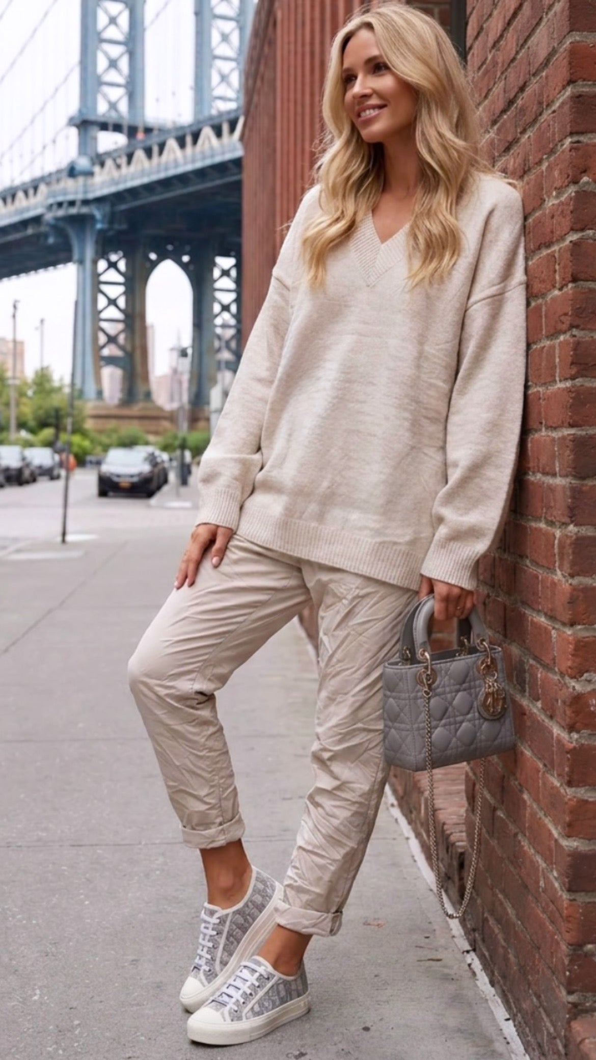 STORM – Pull tunique femme col V, beige clair ou rose pastel