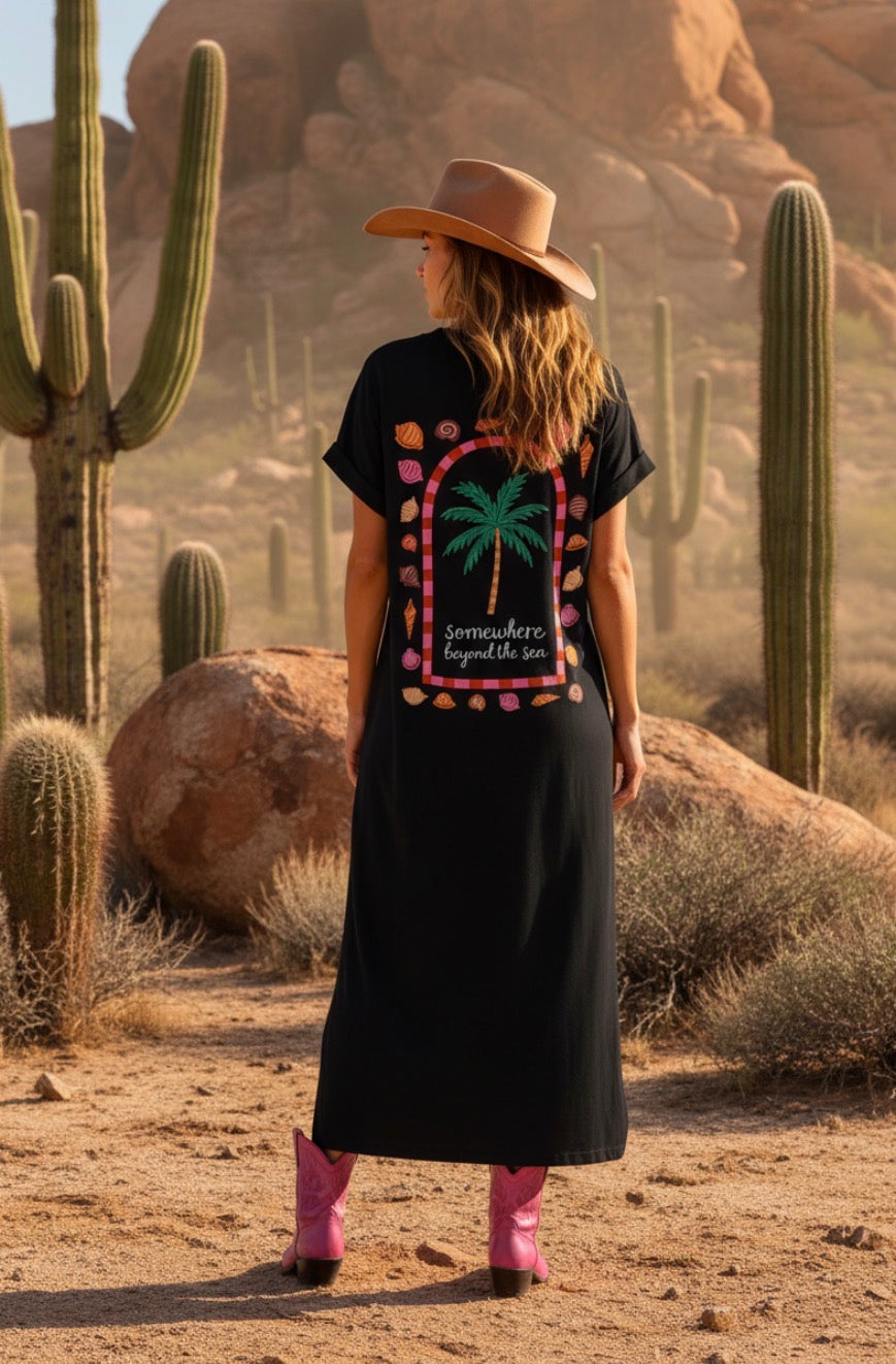 Robe Longue Noire HACIENDA – Robe Tee-Shirt Coton Femme 🩷🌵