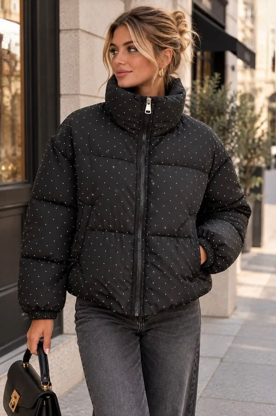 Doudoune chic courte noire à strass EVAN