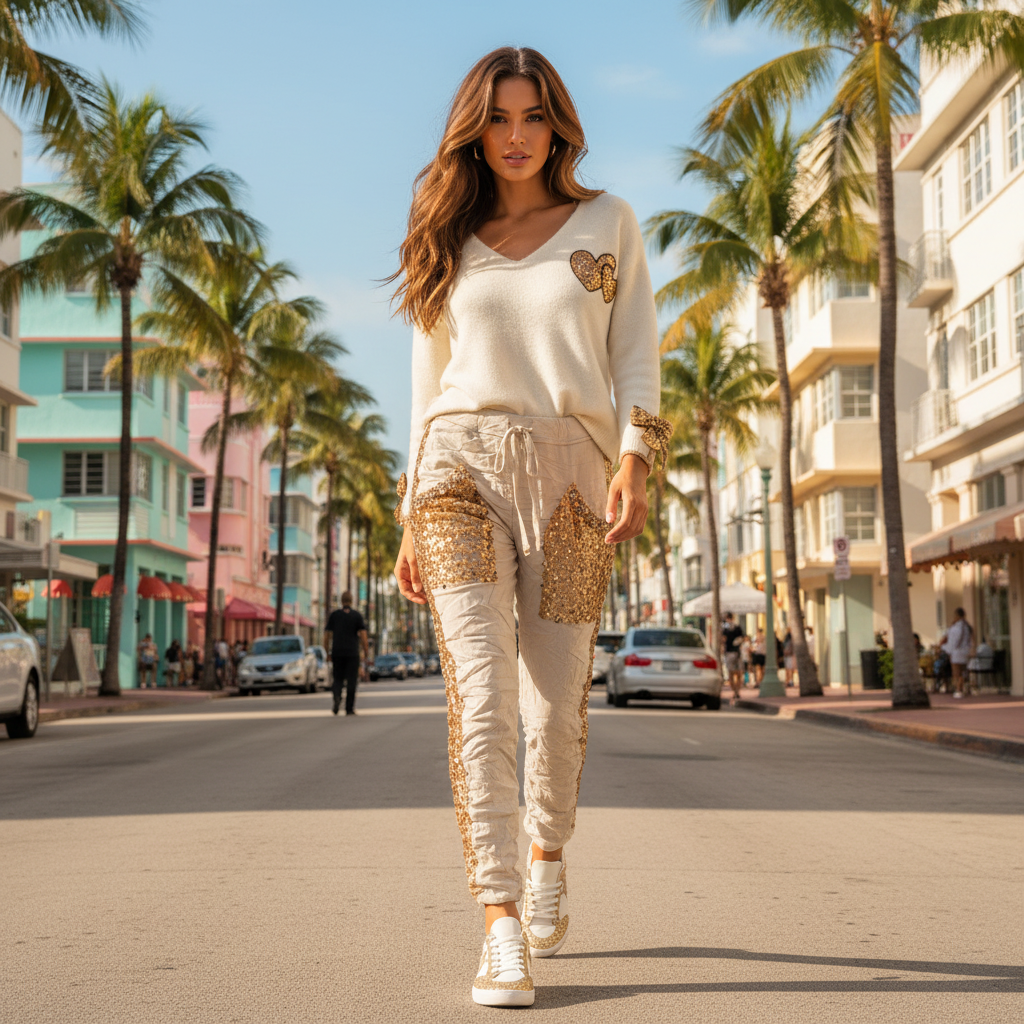 Pantalon beige velours et paillettes or MOLY