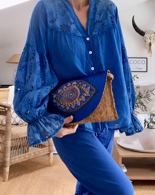 Blouse délavée  broderie anglaise NOLA bleu roi