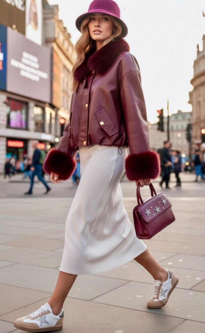 Blouson Effet Cuir & Fausse Fourrure VALENTINA – Prune