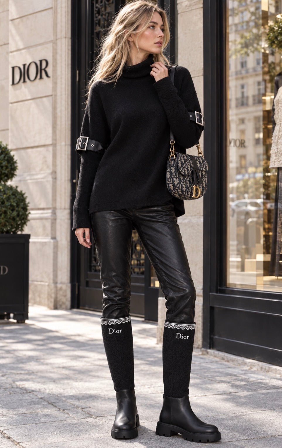 MARINETTE – Pull noir à col montant et boucles argentées