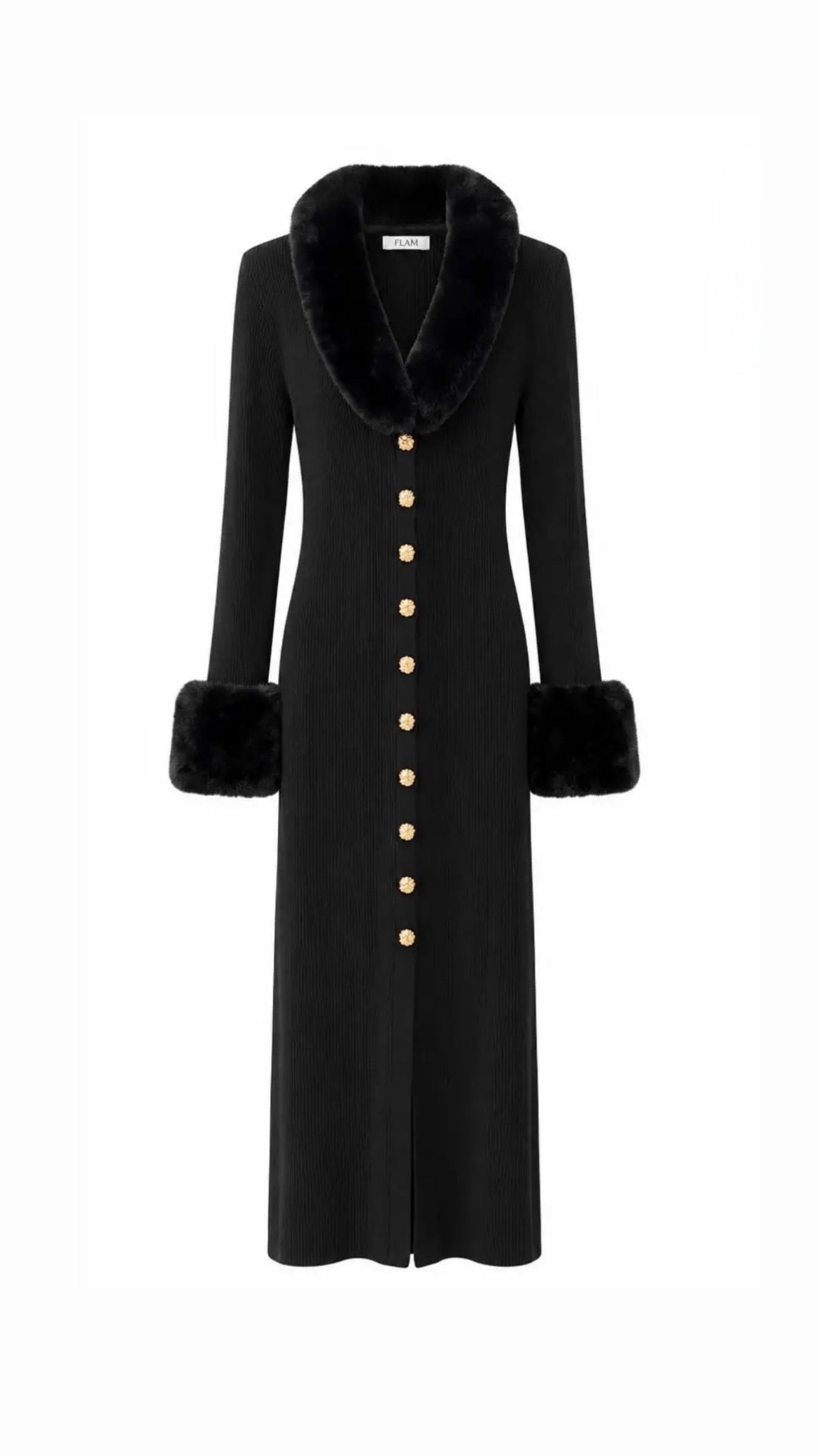 ÉLÉONORE – Robe longue noire maille & fourrure