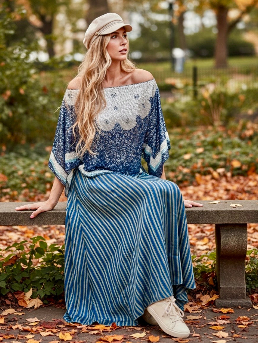 Jupe Perry 🇺🇸 Viscose Rayée Bleu Denim