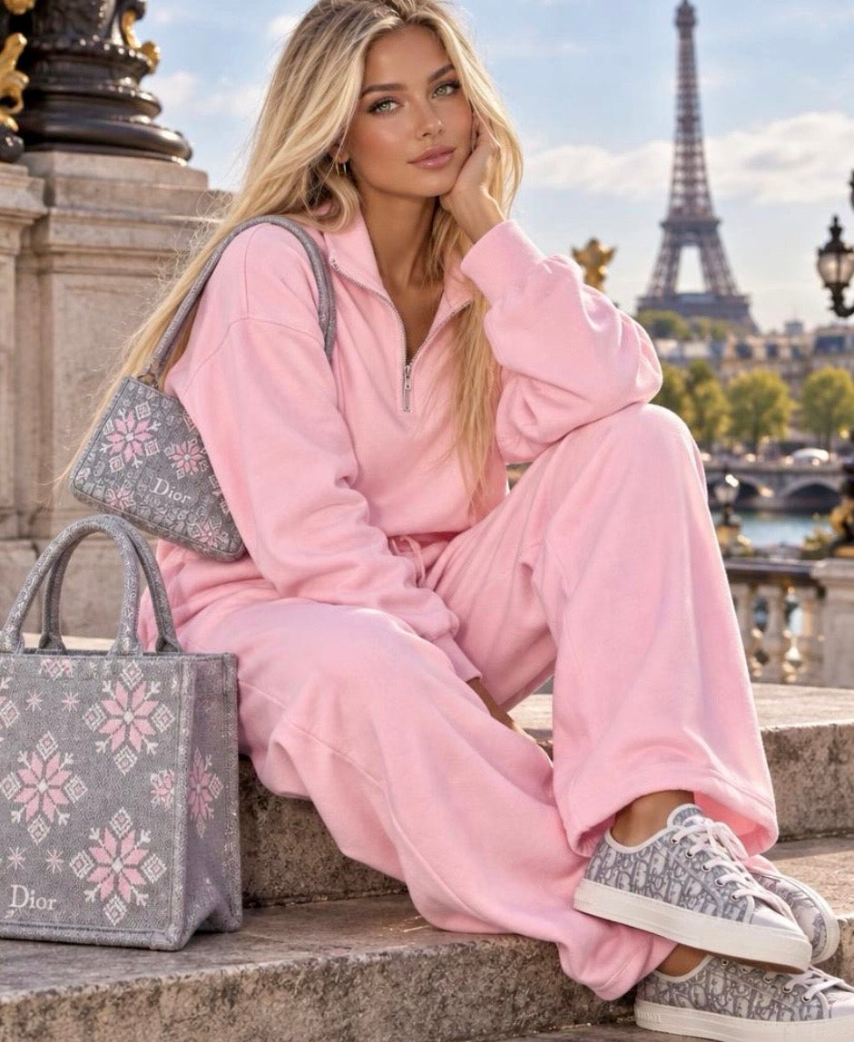 Ensemble jogging femme rose KIM – Sweat col zippé et pantalon large