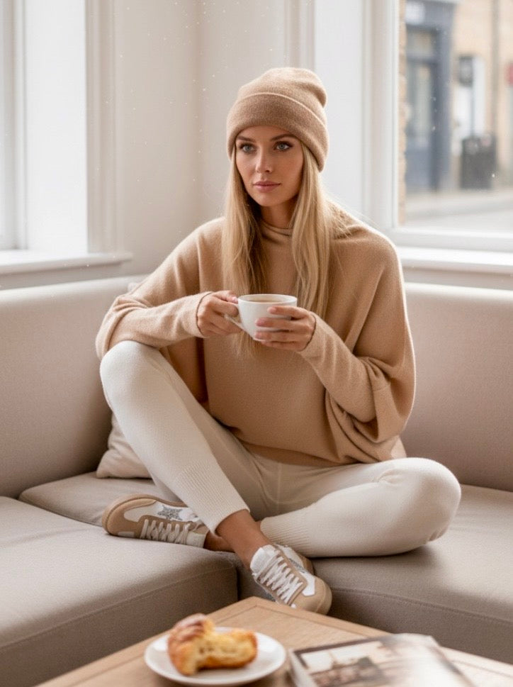 Pull Col Drapé Asymétrique Maille Cachemire Camel & Rose — Max & Enjoy