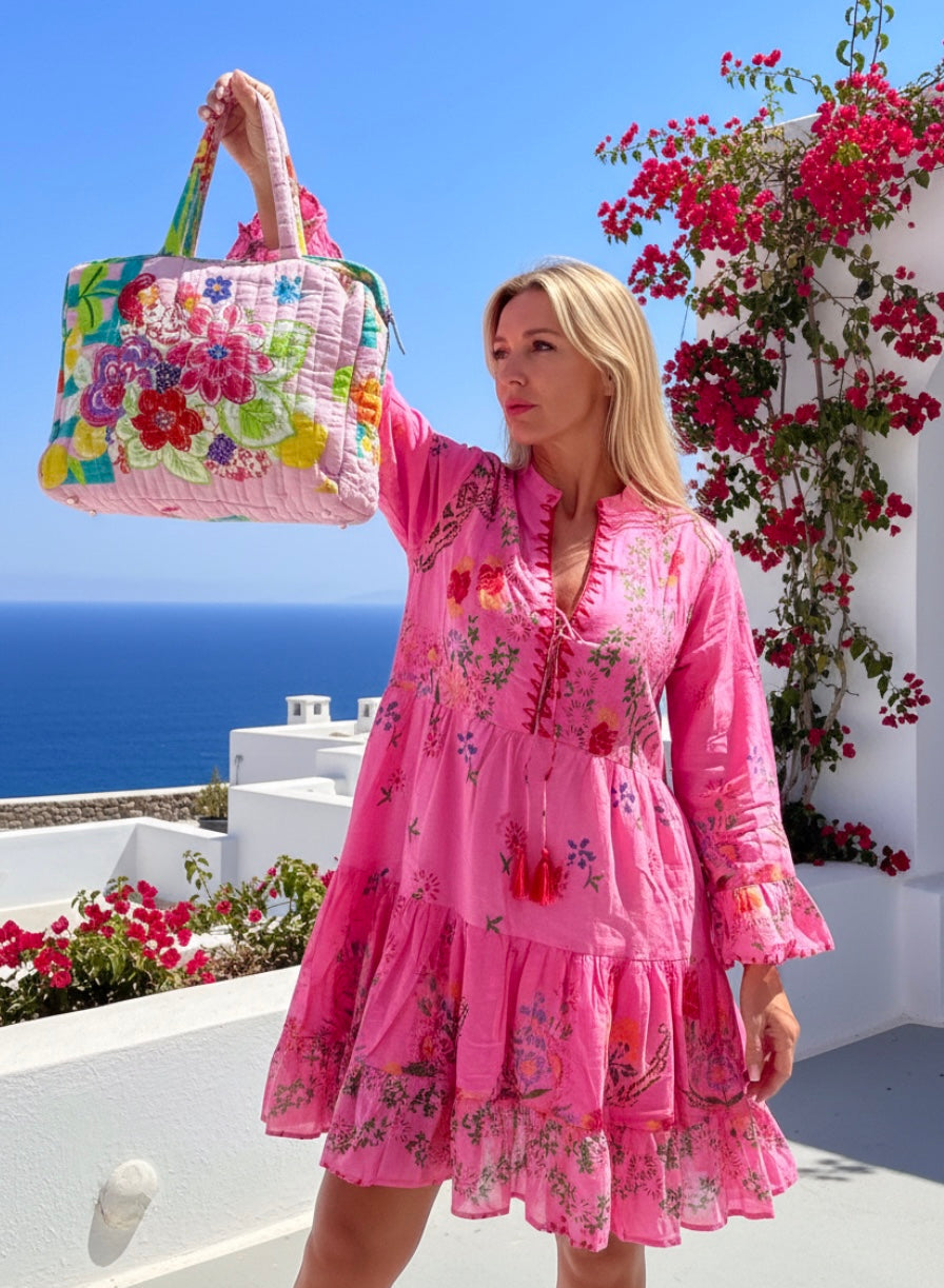 Robe Bohème Rose Florale SOFIA – Coton| Manches Évasées | Resort Été