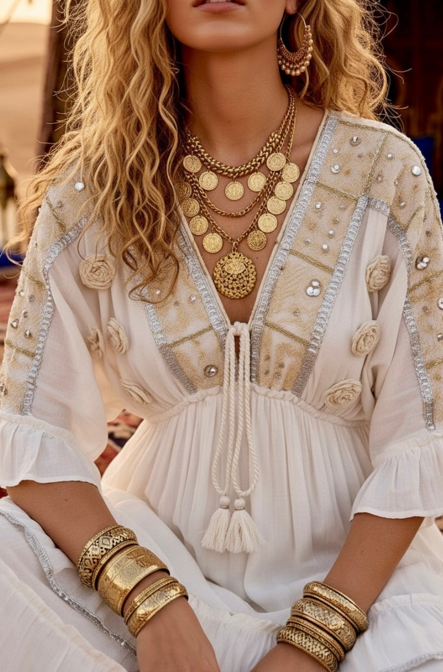 Robe Longue Bohème Gypsy Tzigane à Volants | Broderies & Paillettes✨
