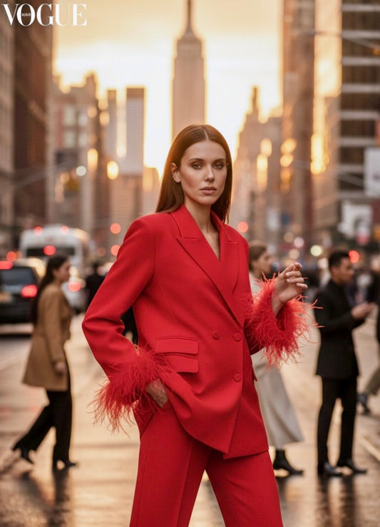 Blazer Chelsea Rouge Plumes – Veste Femme Tendance♥️