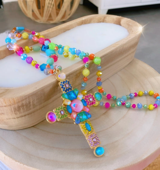 Sautoir croix perles multicolores VERA
