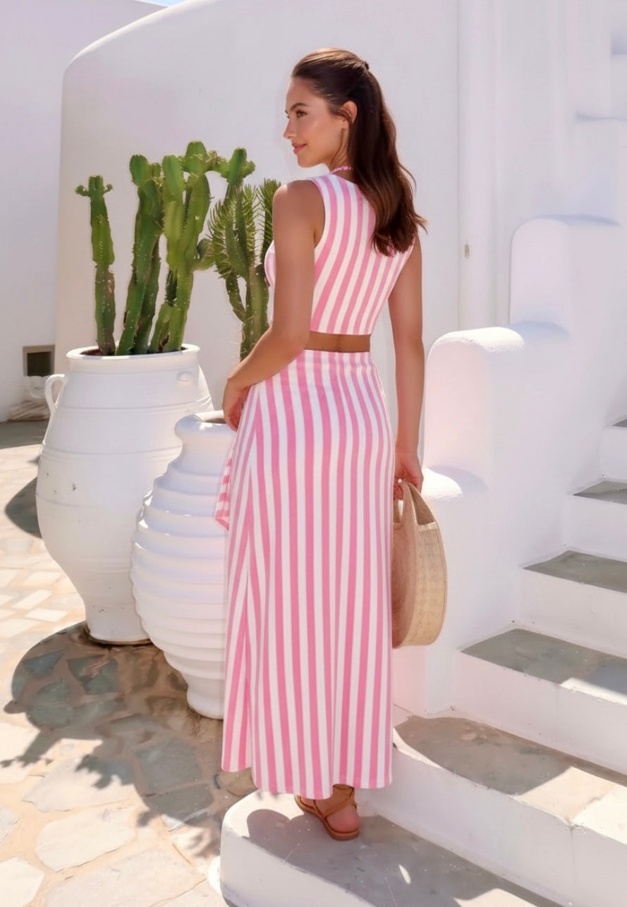 Ensemble Gloria – Top Crop & Jupe Longue Rayures Rose