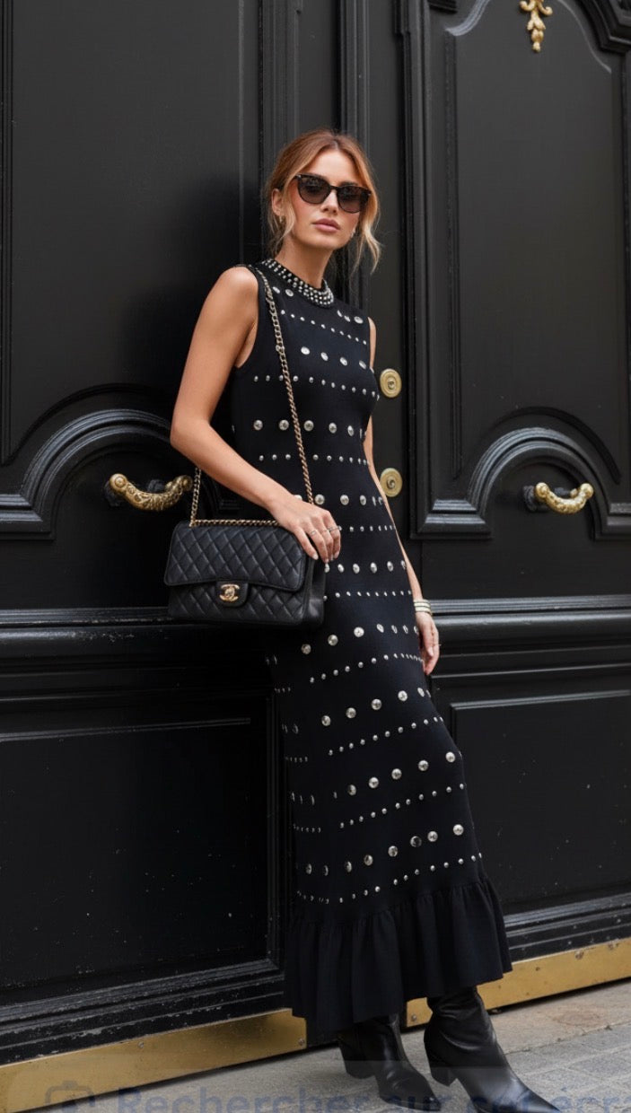 Robe Longue Noire Cloutée SANDRA Clous Métalliques