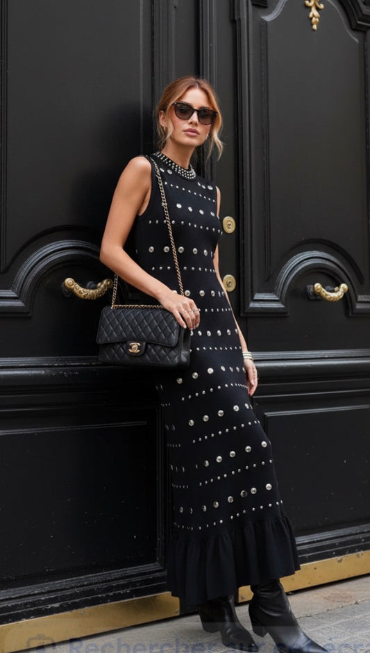 Robe Longue Noire Cloutée SANDRA Clous Métalliques