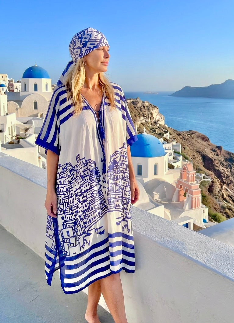 Caftan Bleu Mykonos – Robe Fluide Viscose Imprimé santorin Femme | Resort