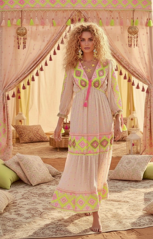 Robe Longue Bohème CALISTA — Paillettes & Pompons Gipsy🌸