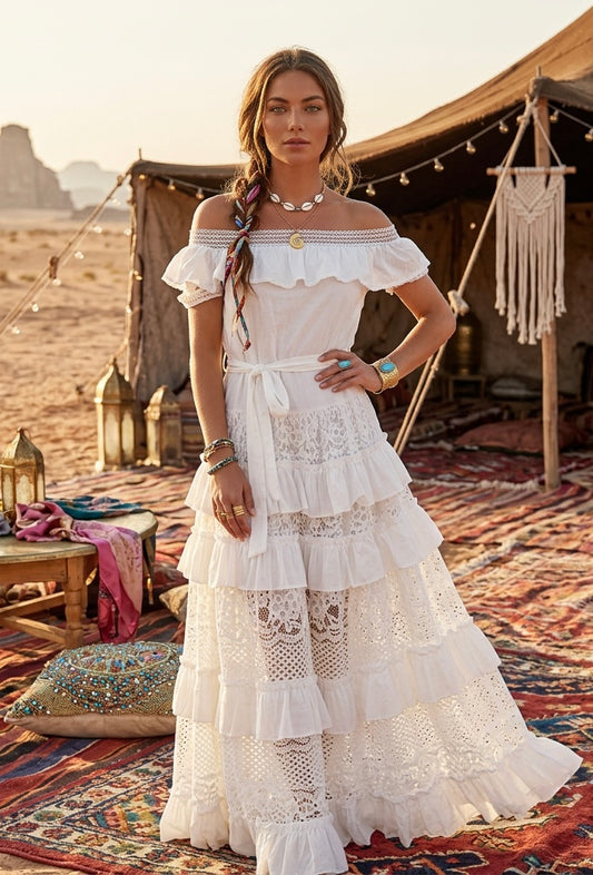 Robe Boho gipsy Blanche ESMERALDA | Dentelle & volants| Hippie Chic