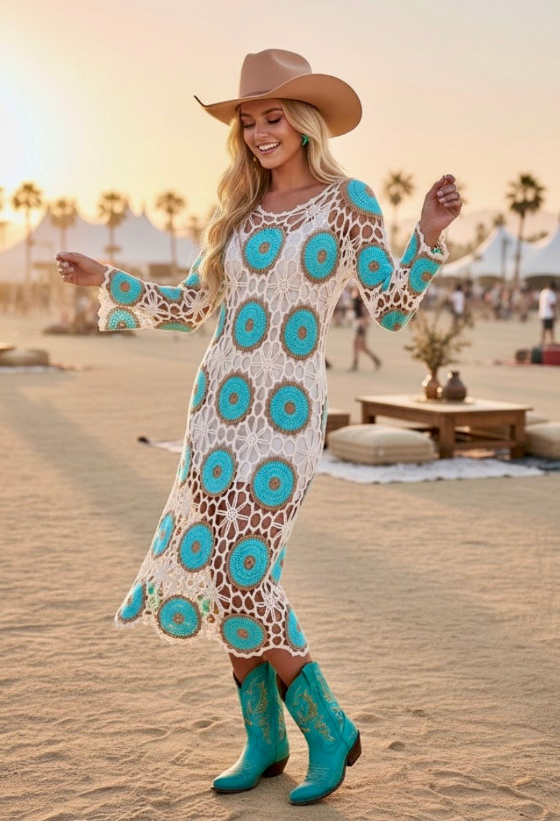Robe Crochet Turquoise NEVADA – Robe Midi Bohème Ajourée🩵🌴