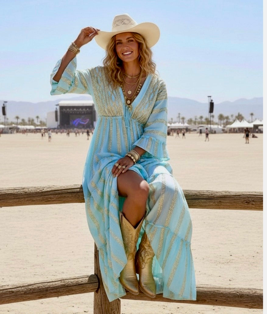 Robe Longue Bohème Gypsy EVA – Tie & Dye Aqua | Paillettes 🌴🌿