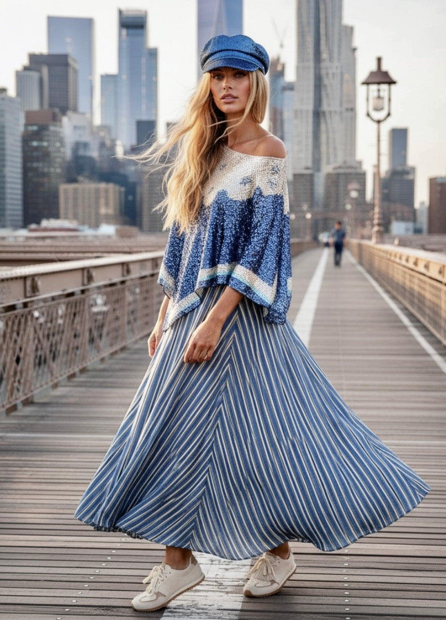 Jupe Perry 🇺🇸 Viscose Rayée Bleu Denim
