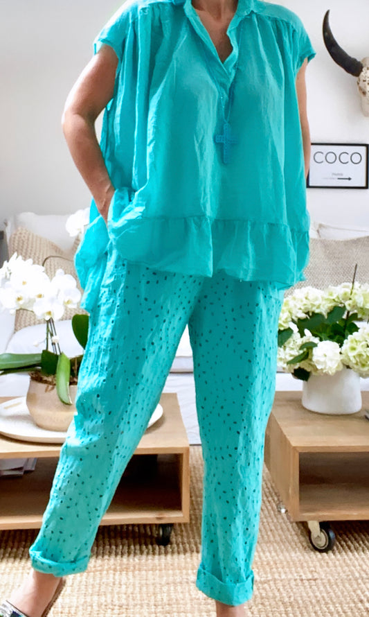 Pantalon broderie anglaise CECILE turquoise