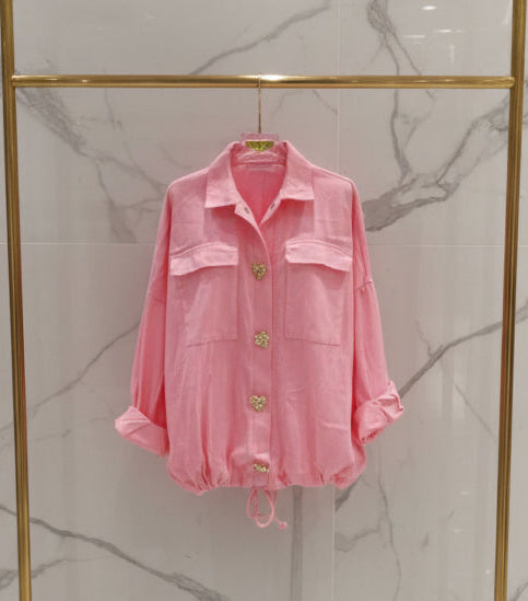 Blouson jean rose boutons bijoux NOÉMIE