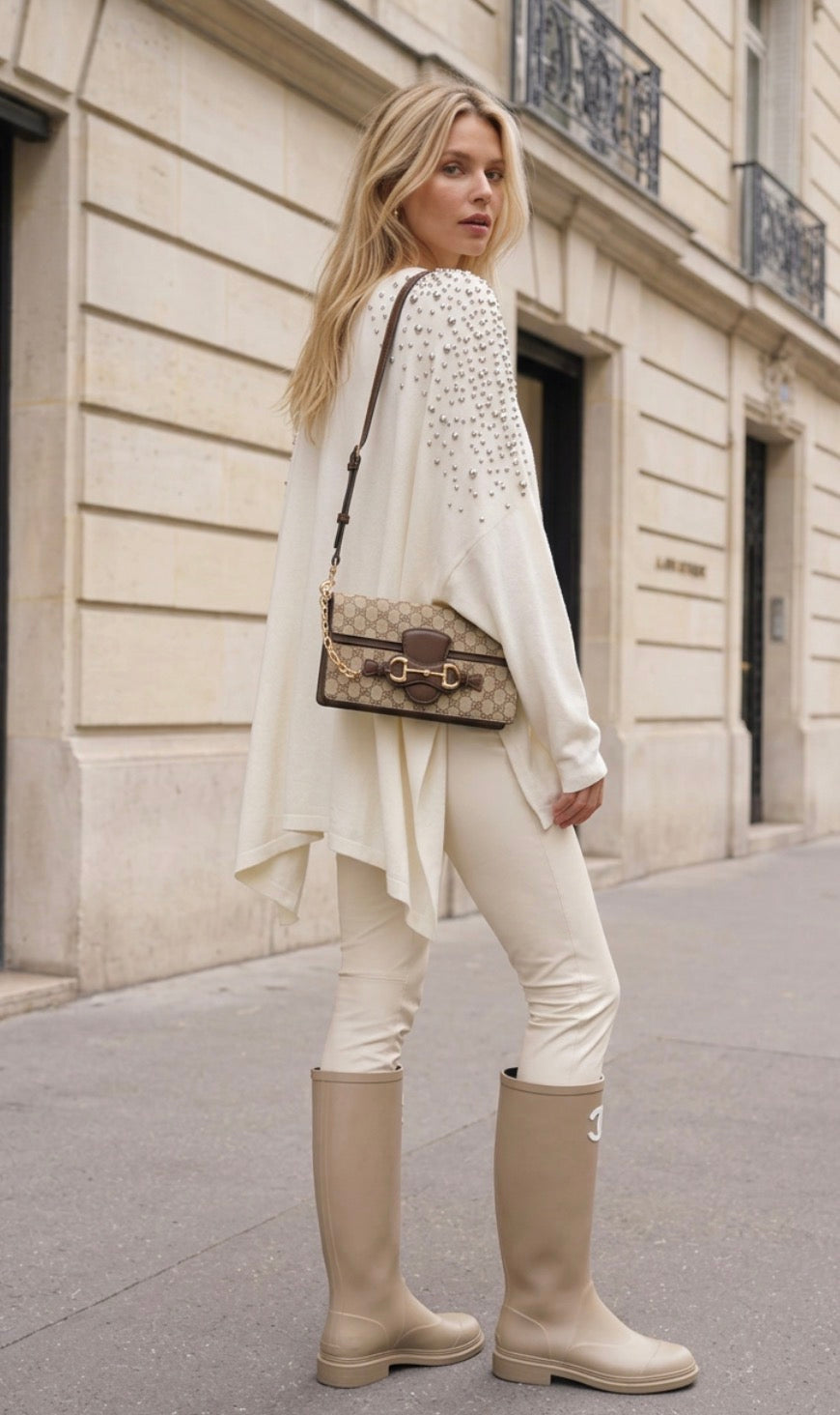 Pull oversize écru à clous argentés CAMILLE