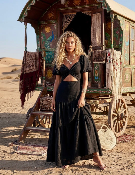 🖤 Robe Longue Noire Bohème TANYA | Gaze de Coton & Gypsy Chic 🌙