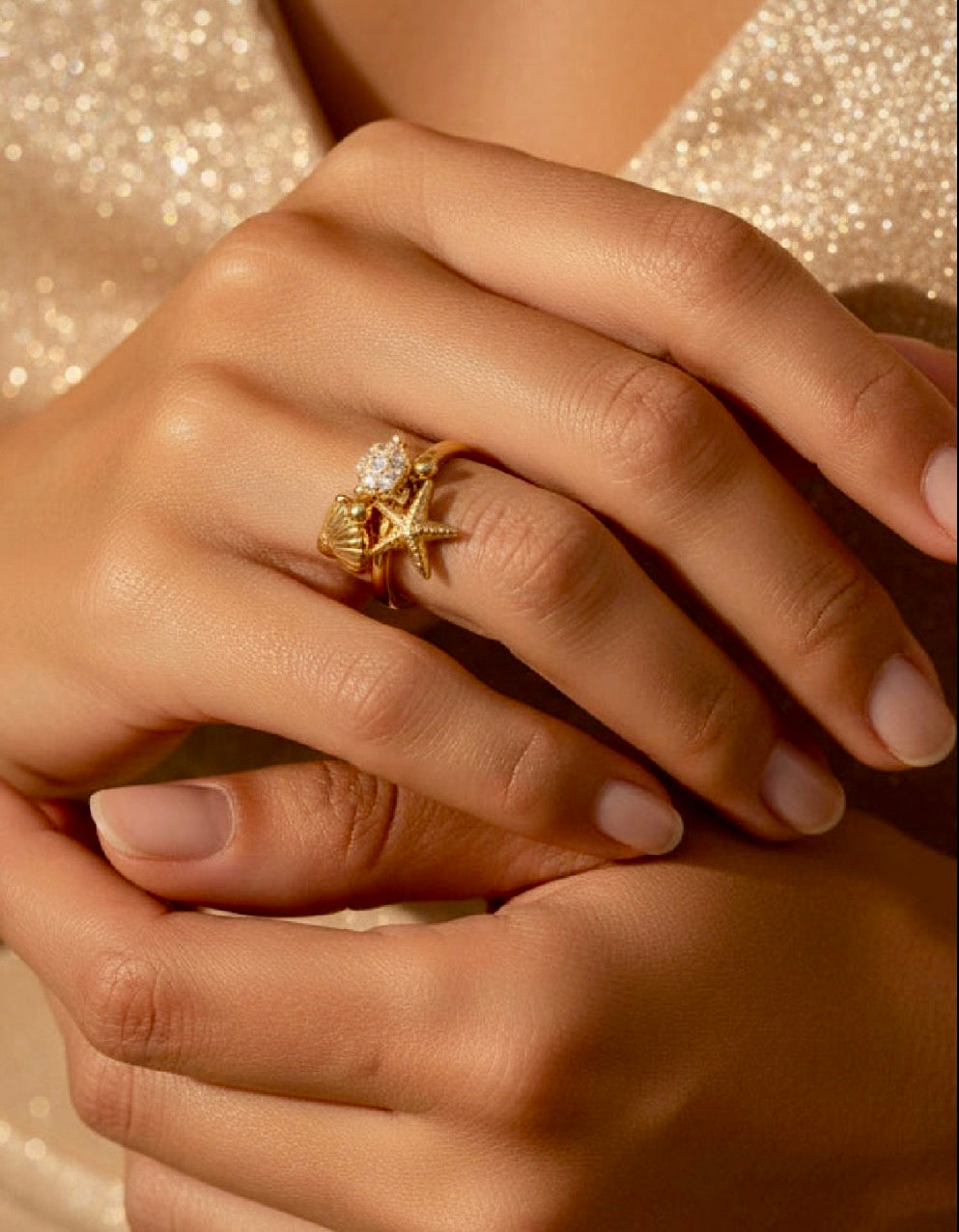 Bague Étoile de Mer & Tortue Brillants NINA | Ajustable Dorée✨💫